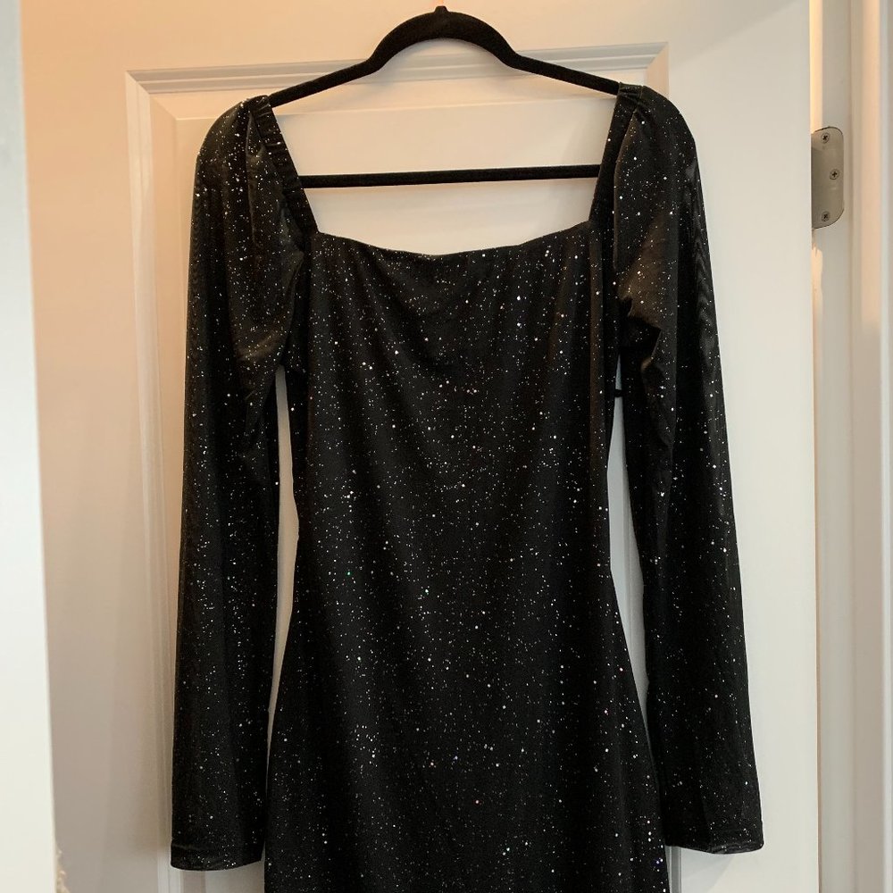 Joyfunear Rhinestone Chain Crisscross Backless Square Neck Sequin Bodycon Dress